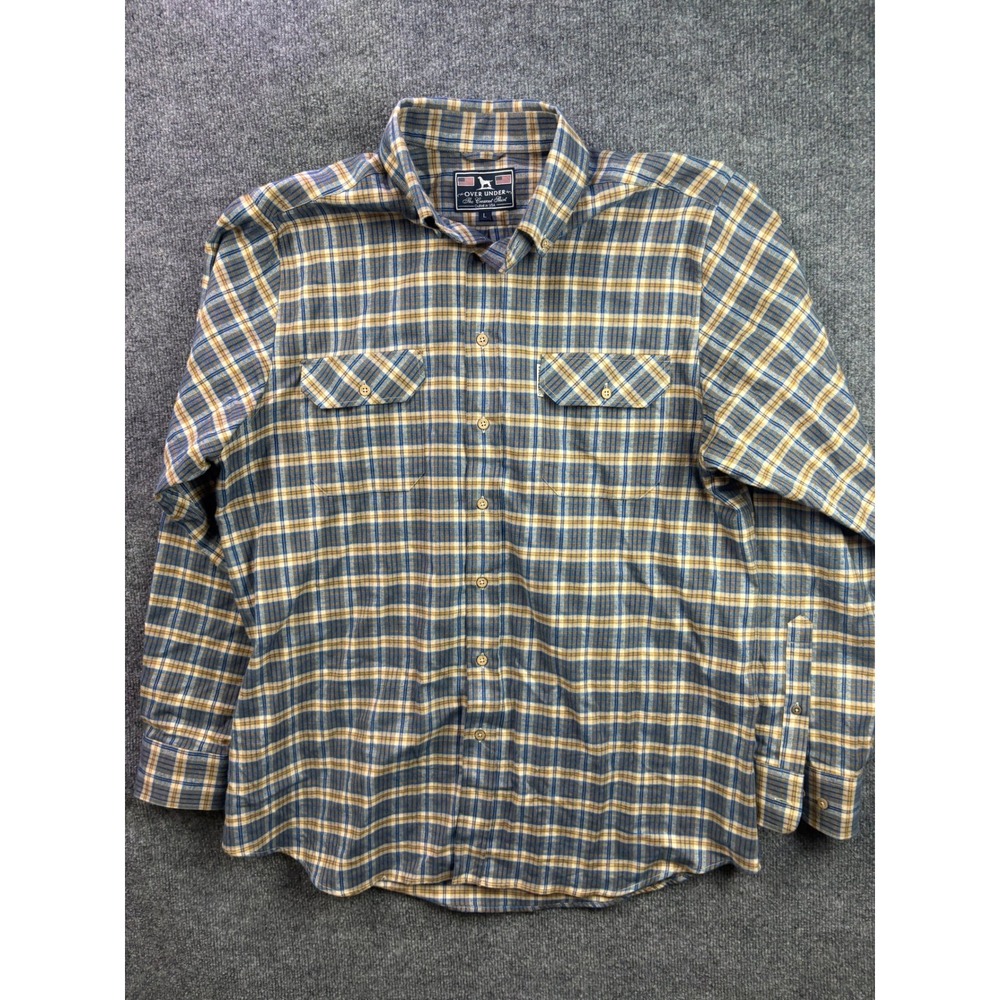 Over Under Crosscut Shirt Mens Large Blue Tan Plaid Cotton Button Down USA Made